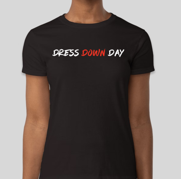 The Dress Down Day t-shirt features the phrase dress down day on the front. The phrase is derivative of a style of dress that is simple or casual in nature. The traditional BHS logo has been applied to the back of the t-shirt.