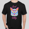 The Good Kitty t-shirt features a rockstar kitty on the front of the shirt. The kitty dons various neon colors. The traditional BHS logo has been applied to the back of the t-shirt.