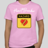 The Heart Breaker t-shirt features the phrase heart breaker written in cursive script. Underneath the script is a hazard symbol with the BHS heart in the middle of the hazard sign. The slim BHS logo has been applied to the back of the t-shirt.