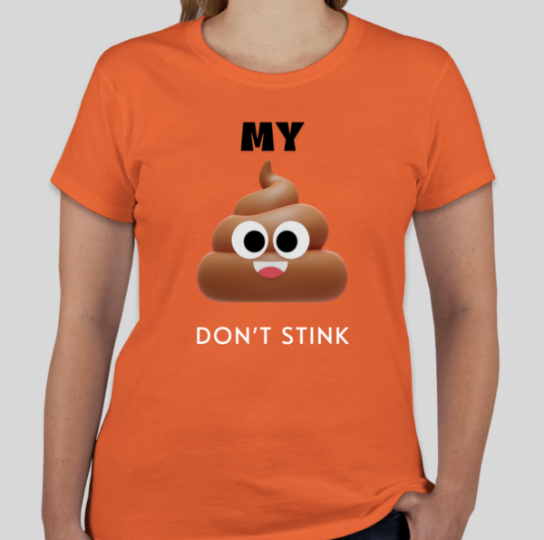 The Don't Stink t-shirt features the poop emoji alongside a popular phrase. The classic BHS logo is applied to the back of the t-shirt.