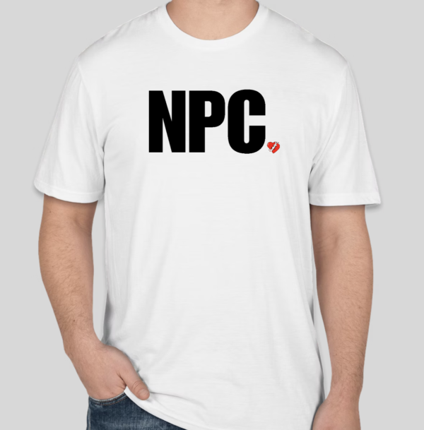 The NPC t-shirt features block lettering spelling out the popular gaming phrase "NPC". Next to the phrase is the traditional BHS logo. The classic BHS logo is applied to the back of the t-shirt.