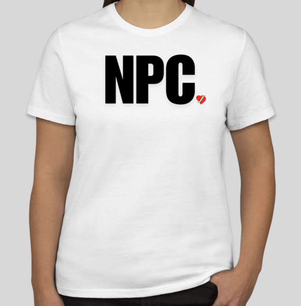 The NPC t-shirt features block lettering spelling out the popular gaming phrase "NPC". Next to the phrase is the traditional BHS logo. The classic BHS logo is applied to the back of the t-shirt.