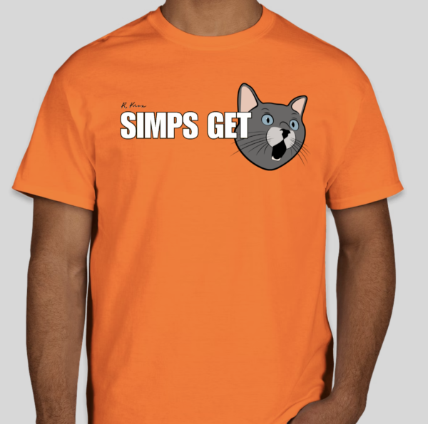 The Simps Get t-shirt features a block letter phrase followed by a surprised kitten. The classic BHS logo is applied to the back of the t-shirt.