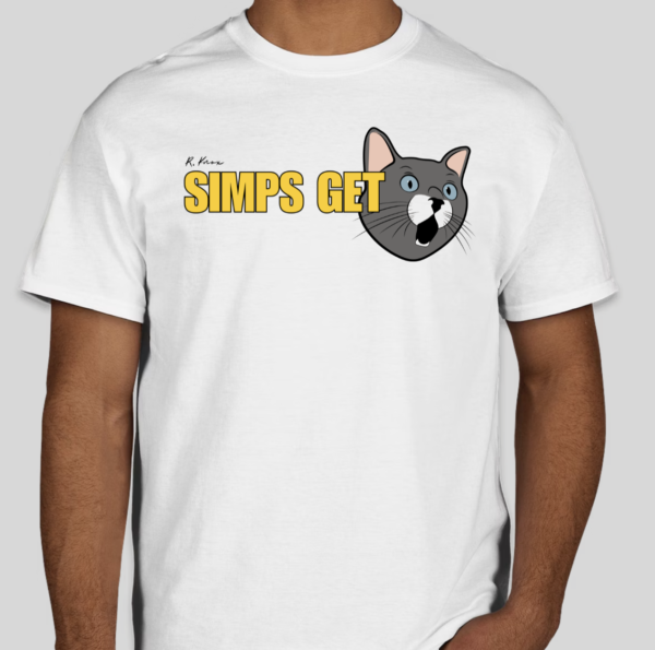 The Simps Get t-shirt features a block letter phrase followed by a surprised kitten. The classic BHS logo is applied to the back of the t-shirt.