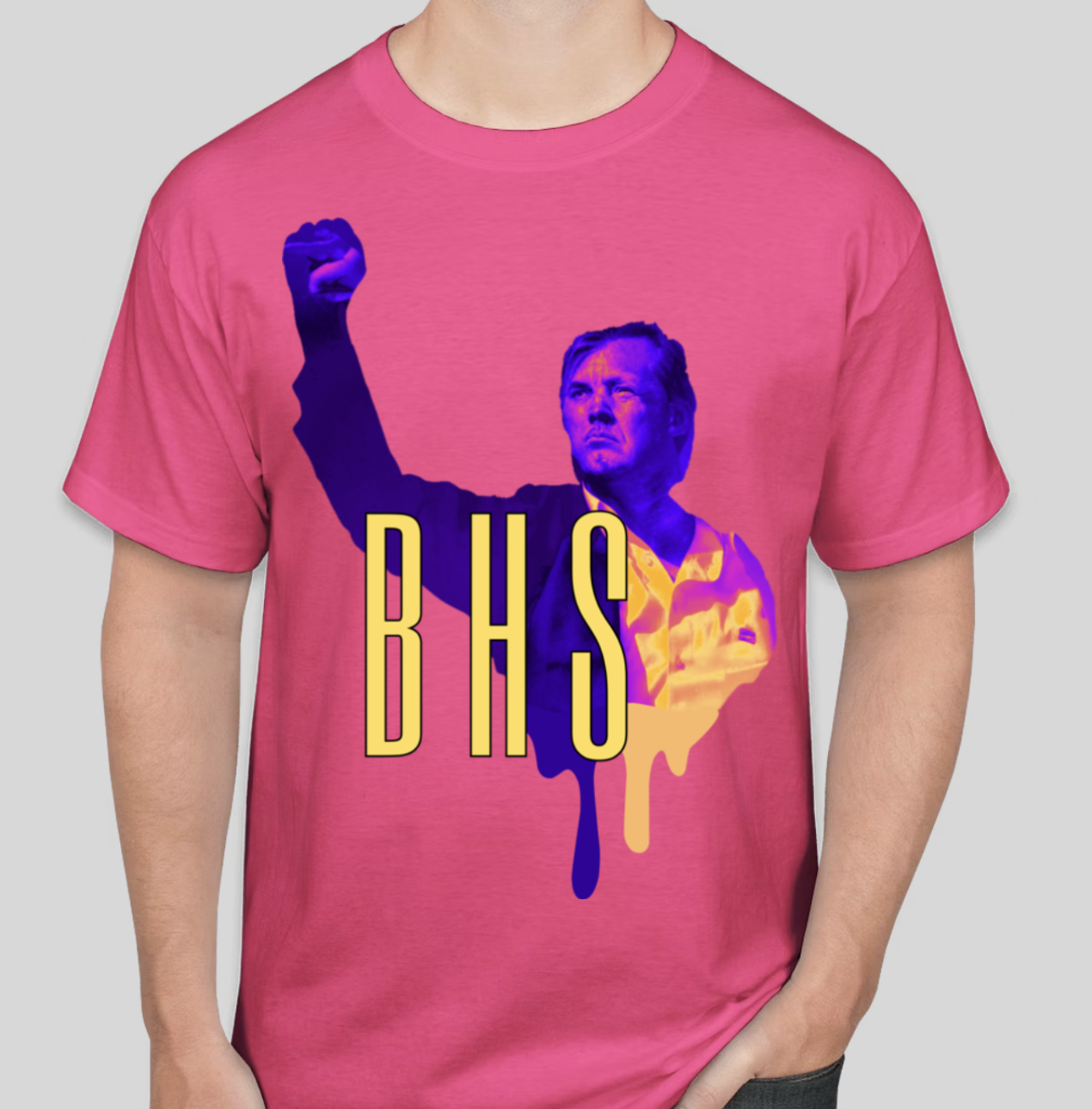 The American Strong t-shirt features an obscured image of an American with his hand raised. The classic BHS logo is applied to the back of the t-shirt.