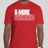 The B-More Authentic t-shirt features boxed text which spells out an abbreviated version of the word Baltimore. An altered version of the BHS logo is applied to the back of the t-shirt.