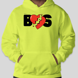 The BHS Highlighter hoodie features the classic Broken Heart logo in the center of the hoodie. The classic BHS logo appears on the back of the hoodie.