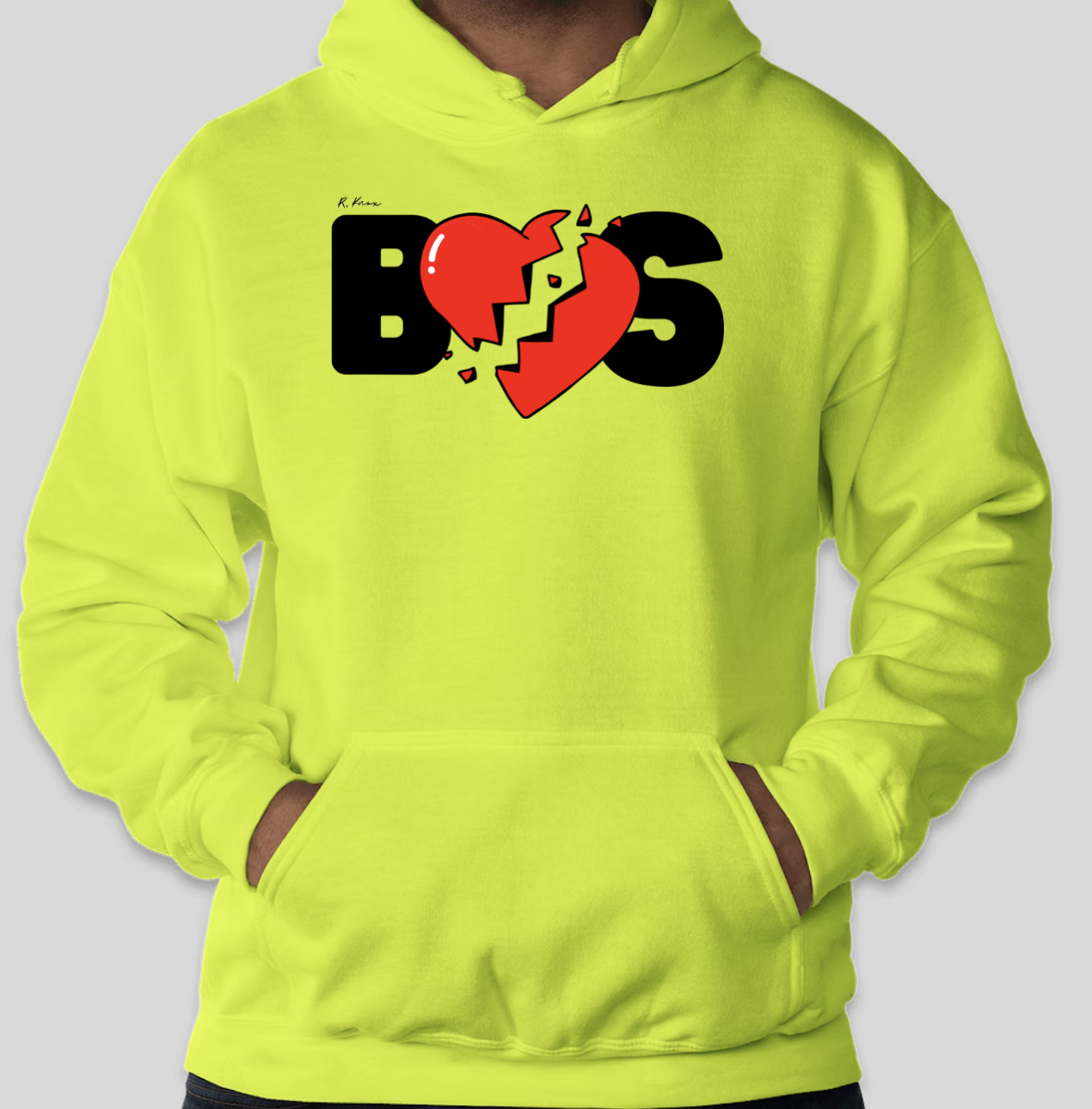 The BHS Highlighter hoodie features the classic Broken Heart logo in the center of the hoodie. The classic BHS logo appears on the back of the hoodie.