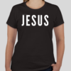 Black t-shirt with the word 'Jesus' in bold white letters on the front; back features Broken Heart Shirts logo with a 'B', broken heart icon, and 'S'.