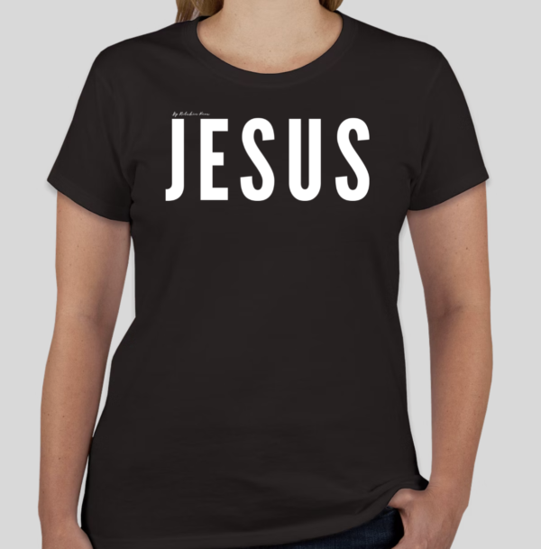 Black t-shirt with the word 'Jesus' in bold white letters on the front; back features Broken Heart Shirts logo with a 'B', broken heart icon, and 'S'.