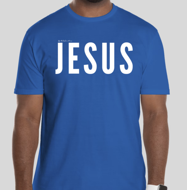 Blue t-shirt with the word 'Jesus' in bold white letters on the front; back features Broken Heart Shirts logo with a 'B', broken heart icon, and 'S'.