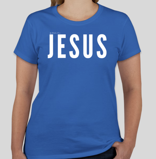 Blue t-shirt with the word 'Jesus' in bold white letters on the front; back features Broken Heart Shirts logo with a 'B', broken heart icon, and 'S'.
