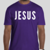 Purple t-shirt with the word 'Jesus' in bold white letters on the front; back features Broken Heart Shirts logo with a 'B', broken heart icon, and 'S'.