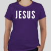 Purple t-shirt with the word 'Jesus' in bold white letters on the front; back features Broken Heart Shirts logo with a 'B', broken heart icon, and 'S'.