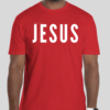 Red t-shirt with the word 'Jesus' in bold white letters on the front; back features Broken Heart Shirts logo with a 'B', broken heart icon, and 'S'.