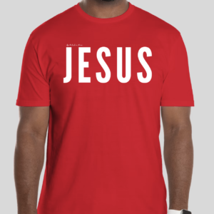 Red t-shirt with the word 'Jesus' in bold white letters on the front; back features Broken Heart Shirts logo with a 'B', broken heart icon, and 'S'.