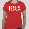 Red t-shirt with the word 'Jesus' in bold white letters on the front; back features Broken Heart Shirts logo with a 'B', broken heart icon, and 'S'.