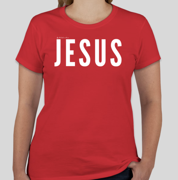 Red t-shirt with the word 'Jesus' in bold white letters on the front; back features Broken Heart Shirts logo with a 'B', broken heart icon, and 'S'.